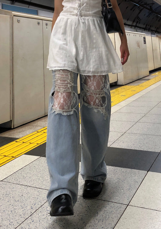 ダメージレイヤードレースパンツ